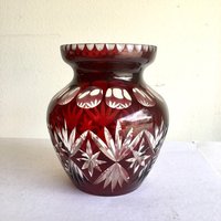 Art Deco Cranberry Glasvase - 20Er 1920Er Tief Geschliffenes Glas Gewellter Rand von StateAndMainVintage