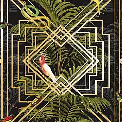 Tropische Tapete, mit Vögeln und Palmen, in Schwarz, metallischem Gold, Grün, im Congo-Holden-Dekor von Holden Decor