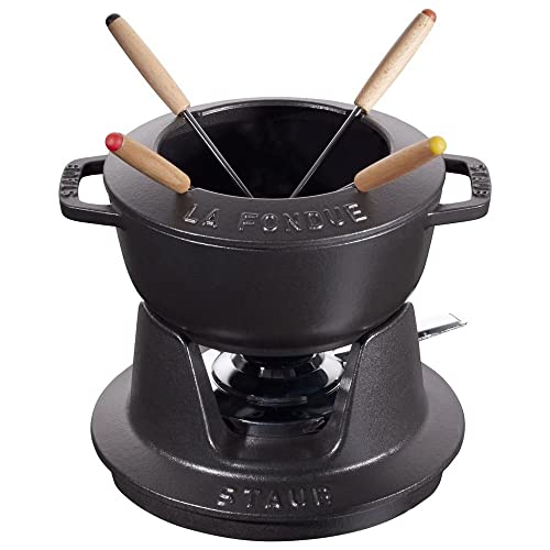 STAUB Fondue Set mit 4 Gabeln, Gusseisen, 16 cm, 1,1 l, Geeignet für Käse- Schoko- und Fleisch-Fondue,Schwarz von STAUB