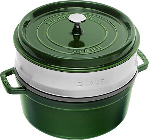 STAUB Gusseisen Bräter/Cocotte, mit Dämpfeinsatz, Rund 26 cm, 5,2 L, Aromaregen Funktion, Für alle Herdarten geeignet, Basilikum/Grün von STAUB