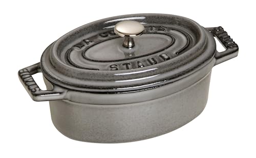 STAUB Mini Cocotte, oval mit Deckel 11 cm, 0,25 L, induktionsgeeignet, mit mattschwarzer Emaillierung im Inneren des Topfes, Graphitgrau von STAUB