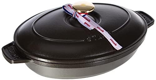 STAUB Ofenform/Servierplatte/Auflaufform mit Deckel, oval, 23 cm, 1 l, aus Gusseisen, Für alle Herdarten inkl. Induktion & Backofen inkl. Induktion & Backofen, Schwarz von STAUB