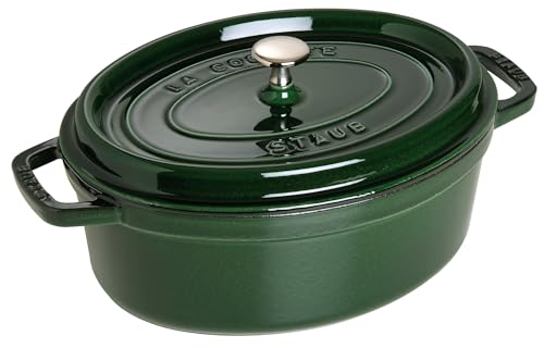 STAUB Gusseisen Bräter/Cocotte, Oval 29 cm, 4,25 L, Aromaregen Funktion, Für alle Herdarten geeignet, Basilikum/Grün von STAUB