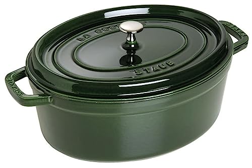 STAUB Gusseisen Bräter/Cocotte, Oval 31 cm, 5,5 L, Aromaregen Funktion für optimale Befeuchtung, Für alle Herdarten inkl. Induktion & Backofen, Basilikum/Grün von STAUB