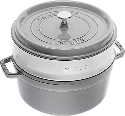 STAUB Gusseisen Bräter/Cocotte mit Dämpfeinsatz aus Edelstahl, Rund 26 cm, 5,2 L, Aromaregen Funktion für optimale Befeuchtung, Für alle Herdarten inkl. Induktion & Backofen, Graphitgrau von STAUB