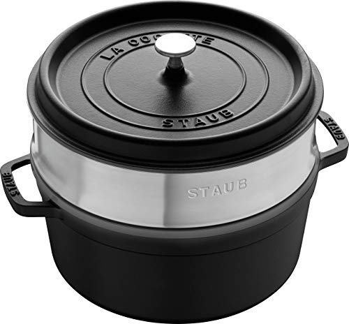 STAUB Gusseisen Bräter/Cocotte, mit Dämpfeinsatz, Rund 26 cm, 5,2 L, Aromaregen Funktion, Für alle Herdarten geeignet, Schwarz von STAUB