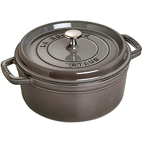 STAUB Gusseisen Bräter/Cocotte, Rund 26 cm, 5 L, Aromaregen Funktion, Für alle Herdarten geeignet, Graphitgrau von STAUB