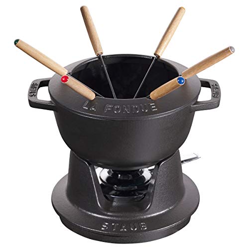 STAUB Fondue Set mit 6 Gabeln, Gusseisen, 18 cm, 1,6 l, Geeignet für Käse- Schoko- und Fleisch-Fondue, Schwarz von STAUB