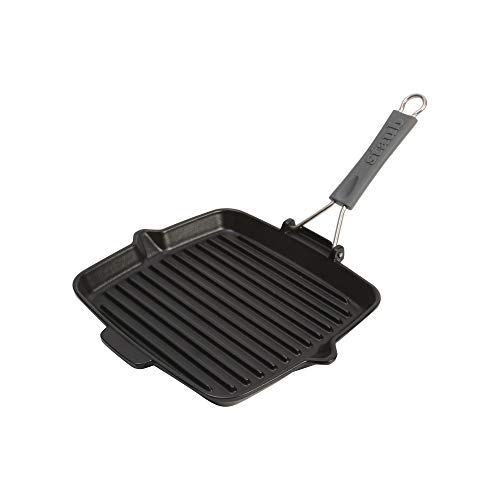 STAUB Gusseisen Grillpfanne mit klappbaren Silikongriff, Quadratisch 24 cm, Für alle Herdarten inkl. Induktion & Backofen, Schwarz von STAUB