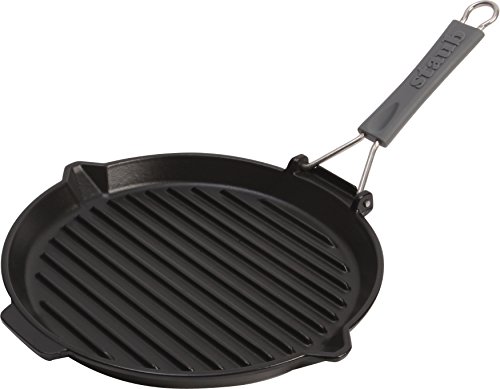 STAUB Gusseisen Grillpfanne mit klappbaren Silikongriff, Rund, 28 cm, Für alle Herdarten inkl. Induktion & Backofen, Schwarz von STAUB