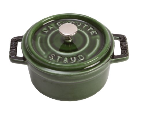 STAUB Mini Cocotte, rund mit Deckel 10 cm, 0,25 L, induktionsgeeignet, mit mattschwarzer Emaillierung im Inneren des Topfes, Basilikumgrün von STAUB