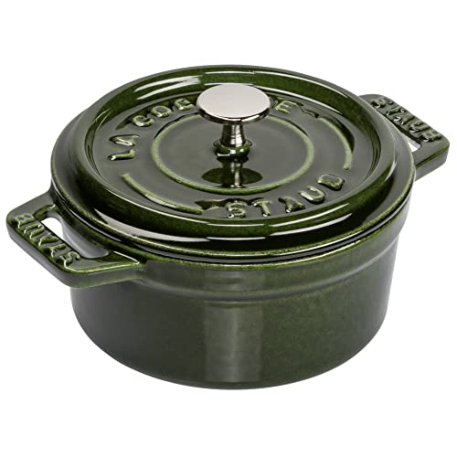 STAUB Mini Cocotte, rund mit Deckel 10 cm, 0,25 L, induktionsgeeignet, mit mattschwarzer Emaillierung im Inneren des Topfes, Basilikumgrün von STAUB