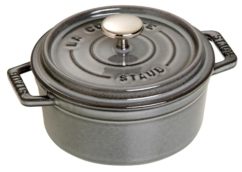 STAUB Gusseisen Bräter/Cocotte, Rund 12 cm, 0,25 L, Aromaregen Funktion für optimale Befeuchtung, Für alle Herdarten inkl. Induktion & Backofen, Graphitgrau von STAUB