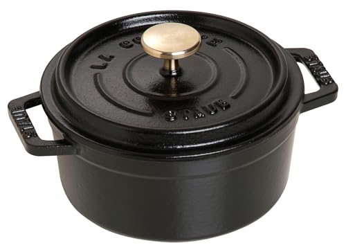 STAUB Gusseisen Bräter/Cocotte, Rund 12 cm, 0,25 L, Aromaregen Funktion für optimale Befeuchtung, Für alle Herdarten inkl. Induktion & Backofen, Schwarz von STAUB