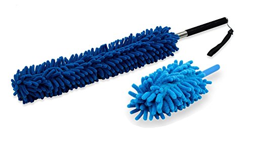 StaubWunder Staubwedel Staubwischer, ausziehbarer Teleskopstiel Staubfänger und Mikrofaseraufsätze aus Chenille zum Spinnenweben entfernen und Staub wischen - Duster Flexi + XL in blau von StaubWunder
