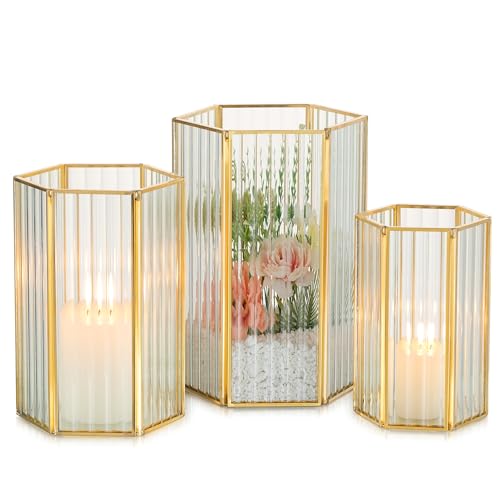 Staymoment Kerzenständer Gold Kerzenhalter Stumpenkerzen: 3er Set Windlicht Glas Tischdeko Laterne Deko modern für Wohnzimmer Badezimmer von Staymoment