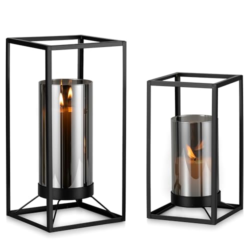 Staymoment Laterne Deko Kerzenständer Schwarz: 2er Set Windlicht Aschgrau Wohnzimmer Badezimmer Deko modern Tischdeko Kerzenhalter Stumpenkerzen von Staymoment