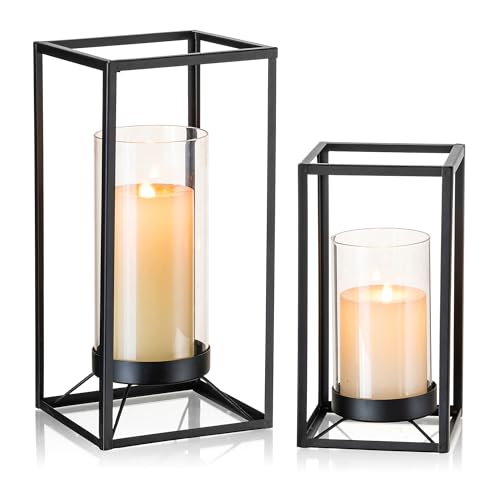 Staymoment Laterne Deko Kerzenständer Schwarz: 2er Set Windlicht Tischdeko Deko modern für Wohnzimmer Schrank Kerzenhalter Stumpenkerzen von Staymoment