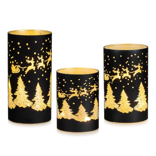Staymoment Weihnachtsdeko Innen Tischdeko Weihnachten: 3er Set LED Windlicht Weihnachtsdekoration Tisch Fensterbank Weihnachtsbeleuchtung Deko Schwarz Gold Christmas Decor Winterdeko Beleuchtung von Staymoment