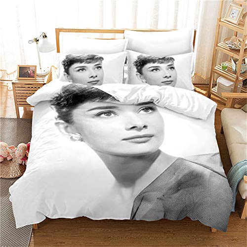 Bettbezug Mit 2 Kissenbezügen Audrey Hepburn Bettwäsche Mit Reißverschluss Mikrofaser Double Size Bettwäsche Set (Stil 04,135 x 200 cm) von Ste-X