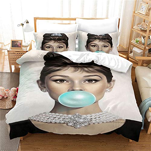 Bettbezug Mit 2 Kissenbezügen Audrey Hepburn Bettwäsche Mit Reißverschluss Mikrofaser Double Size Bettwäsche Set (Stil 07,135 x 200 cm) von Ste-X