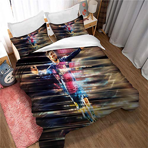 Fußball Lionel Messi Bettbezug Und 2 Kissenbezüge, Bettbezug Bettwäsche Für Kinder, Anti-Milbe, Mit Reißverschluss Für Einfachen Austausch (135 x 200 cm,Stil 02) von Ste-X