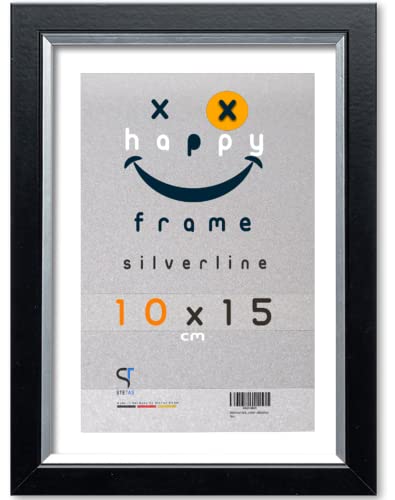 SteTas Bilderrahmen 10x15 cm Schwarz mit Silberkante | Happy Frame SILVERLINE | Acrylglas | Holzrahmen in Schwarz/Silber made in Germany von SteTas