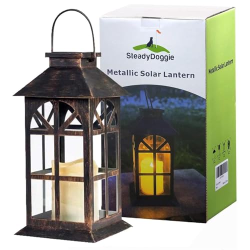 Solar Laterne für außen - mit hell flackernder LED Kerze - Tisch- und Hängelampe - in- und outdoor - extra Metall Laterne im Antik-Stil - dunkles Bronze - PVC fenster - wetterfest - 14x14x28cm von SteadyDoggie