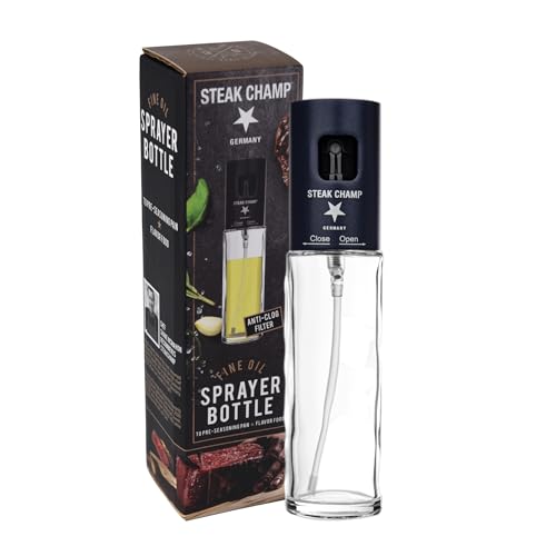 Steak Champ Öl-Sprühflasche, 100 ml: Ölzerstäuber aus Glas zum selbst Befüllen, für Öl, Essig oder Zitronensaft, mit Anti-Clog-Filter von Steakchamp
