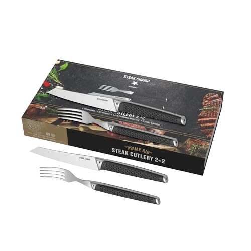 Steak Champ Steakbesteck Prime Rib: 2 Steakmesser & 2 Steakgabeln aus Klingenstahl, Rutschfeste Griffe, Elegantes Design, 12,5 cm Klinge, Ideal für Filet, Ribeye & Steak, inkl. Geschenkbox, 4 tlg. Steak Champ Steakbesteck Prime Rib: 2 Steakmesser & 2 Steakgabeln aus Klingenstahl, Rutschfeste Griffe, Elegantes Design, 12,5 cm Klinge, Ideal für Filet, Ribeye & Steak, inkl. Geschenkbox, 4 tlg. von Steakchamp