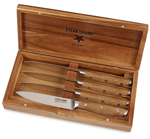 Steak Champ Steakmesser, 4er Set: Scharfe Steakmesser aus hochwertigem Klingenstahl, mit Mikrowellenschliff, Besteck-Set 4-teilig, inkl. Holzkiste von Steakchamp