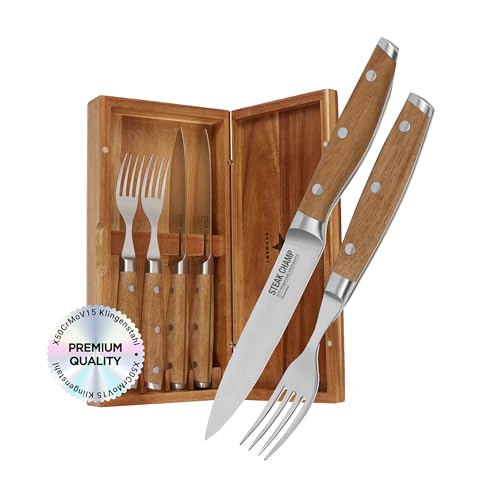 Steak Champ Fleischgabel und Steakmesser, 2 x 2 Stk.: Gabeln und Messer aus Klingenstahl, mit Mikrowellenschliff, Set 4-teilig, inkl. Holzkiste von Steakchamp