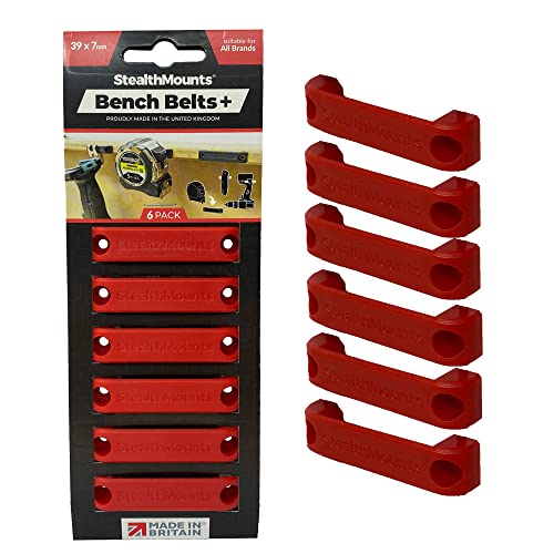StealthMounts Bench Belt Plus - Universal Werkzeughalter für Werkbänke | Bench Belt + Set | Perfekter Werkzeugaufhänger für Elektrowerkzeuge, Maßbänder und Gürtelclips (6er Pack) Rot von StealthMounts