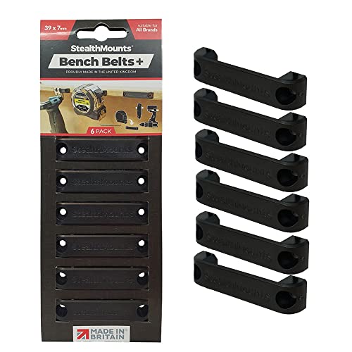 StealthMounts Bench Belt Plus - Universal Werkzeughalter für Werkbänke | Bench Belt + Set | Perfekter Werkzeugaufhänger für Elektrowerkzeuge, Maßbänder und Gürtelclips (6er Pack) Schwarz von StealthMounts