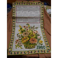 Vintage Kalender Handtuch/Wandbehang - 1980 Topfblumen Pflanze Handgenähte Pailletten von SteamRollerVintage
