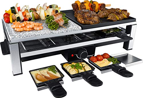 Steba Multi Raclette RC 108 | hochwertige Natursteingrillplatte (25 x 25 cm) | Antihaftbeschichtete Grillplatte | 8 antihaftbeschichtete Pfännchen | 8 Pfännchenablagen | 2,0 m Anschlusskabel, 2000 W von Steba