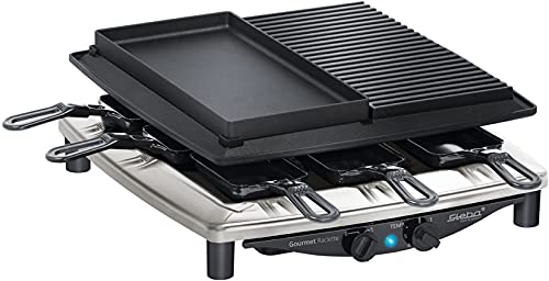 Steba Premium Raclette RC 4 Plus Deluxe Chrom | Made IN Germany | Antihaft-Druckguss-Grillplatte | Natursteingrillplatte, schneid- und Kratzfest | Inkl. wendbarer Guss-Pfanne mit glatter Fläche von Steba