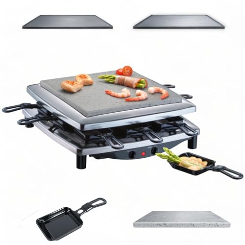 Steba Raclette, Made in Germany, PFAS frei, Edelstahlgehäuse, 8 emaillierte Pfännchen, Wendbare, emaillierte Gusseisen-Grillplatte (geriffelt/glatt), 1450 Watt, RC 3 plus chrom von Steba