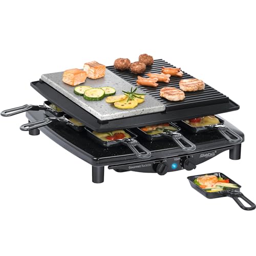 Steba Made in Germany Raclette, Antihaft-Druckguss-Grillplatte, Natursteingrillplatte, 8 emaillierte Pfännchen, Grillfläche insgesamt 29 x 29 cm, RC 4 Plus von Steba