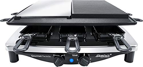Steba RC 8 Steel Deluxe | Made IN Germany | Wendbare Edelstahl-Grillplatte (29,5 x 14cm) Antihaftbeschichtete-Druckguss-Grillplatte (29 x 14,5cm) | 8 emaillierte Pfännchen | Temperatur regelbar von Steba