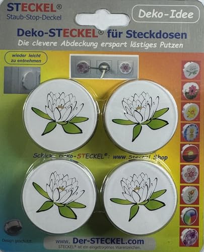 4 Stück Deko-STECKEL® DS-401"LOTUS" dekorative Steckdosen Abdeckung Staubschutz Deckel Steckdosendeckel Abdeckung für saubere Schuko-Steckdosen Steckdosenleisten Kabeltrommel Spritzschutz von Steckel