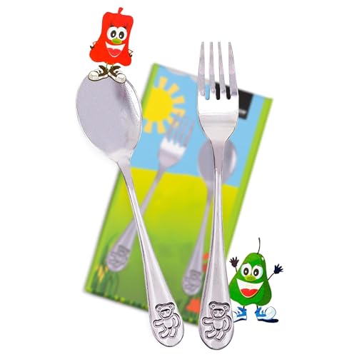 Steel-Function Kinderbesteck Set 2 Teilig | Kinderbesteck Edelstahl zur Entwicklung feinmotorischer Essfertigkeiten | Kinder Besteckset mit Teddybär-Motiv | Kinder Besteck in Stilvollem Design von Steel-Function
