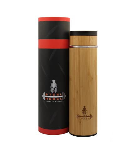 Steel Rebel - Bambus Thermosflasche Thermobecher to go aus Edelstahl Auslaufsicher mit Teesieb - 500ml Umweltfreundlich BPA-Frei Steel Rebel - Bambus Thermosflasche Thermobecher to go aus Edelstahl Auslaufsicher mit Teesieb - 500ml Umweltfreundlich BPA-Frei von Steel Rebel