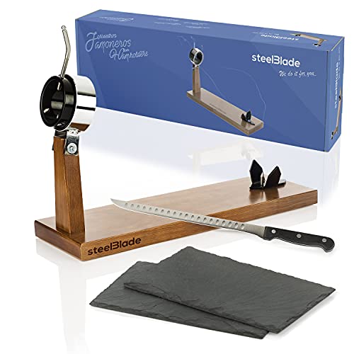 Steelblade 011115 deluxe Schinkenhalter 360° drehbar + Schinkenmesser 28 cm + 2 Teller aus Naturschiefer, 2 Positionen für Schinken und Paletten, Holz Stahl von Steelblade