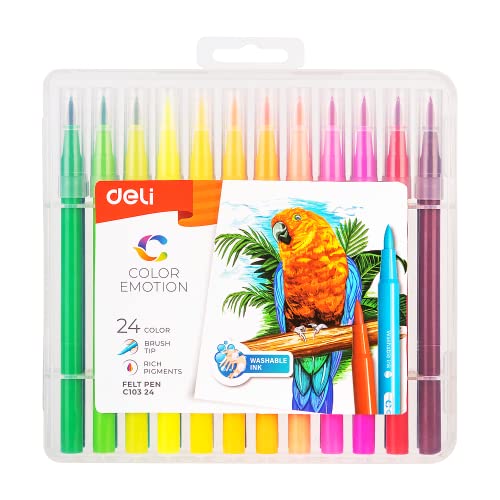 deli Filzstifte Set für Kinder & Erwachsene – 24 Farben, Waschbare Tinte, Dicke & Dünne Spitzen, Malstifte für Schule & Hobby, Ideale Stifte zum Zeichnen & Malen von deli