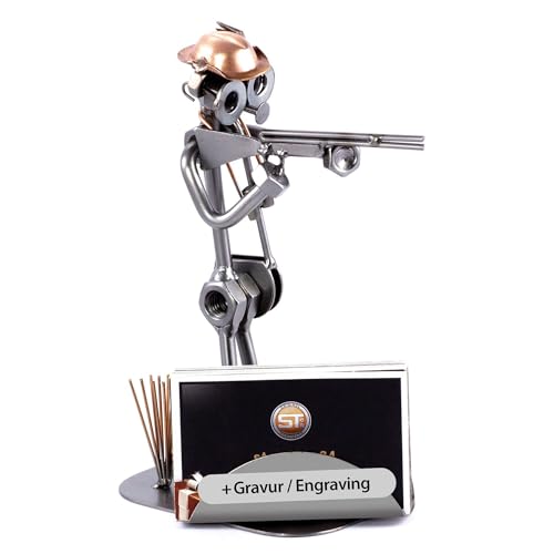 Steelman24 I Schraubenmännchen Jäger mit Visitenkartenhalter mit persönlicher Gravur I Made in Germany I Handarbeit I Geschenkidee I Stahlfigur I Metallfigur I Metallmännchen von Steelman24