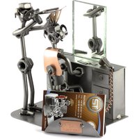 Schraubenmännchen Friseur Mit Spiegel Und Visitenkartenhalter - Original Steelman24 Metallskulptur Das Perfekte Geschenk von Steelman24DE