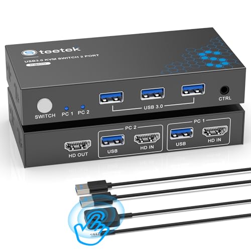 HDMI KVM Switch 2 PC 1 Monitor, 4K@60Hz | KVM Switch zum Teilen von Tastatur/Maus/Drucker über USB 3.0-Hub, Desktop-Controller & EDID-Emulation – Ideal für Gaming/Büro/Home-Kino von Steetek