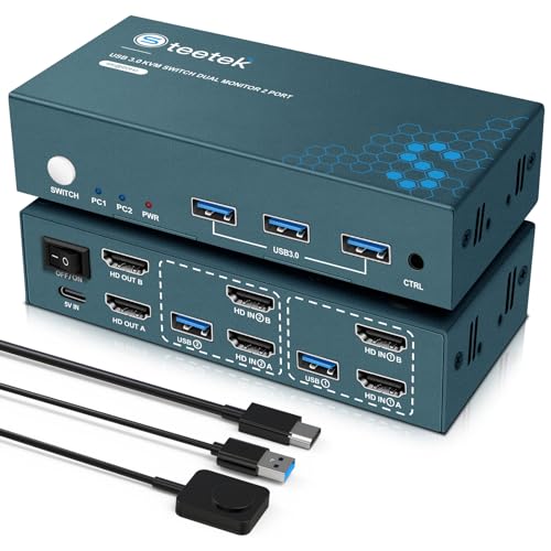 Steetek KVM Switch 2 Monitore 4K@60Hz, USB2.0, KVM Switch 2 PC 2 Monitore HDCP2.2 HDMI 2.0, 2 PC 2 Monitor Switch mit 4 HDMI2.0 und 2 USB Kabel, KVM Switch HDMI Button Switch Steetek KVM Switch 2 Monitore 4K@60Hz, USB2.0, KVM Switch 2 PC 2 Monitore HDCP2.2 HDMI 2.0, 2 PC 2 Monitor Switch mit 4 HDMI2.0 und 2 USB Kabel, KVM Switch HDMI Button Switch von Steetek