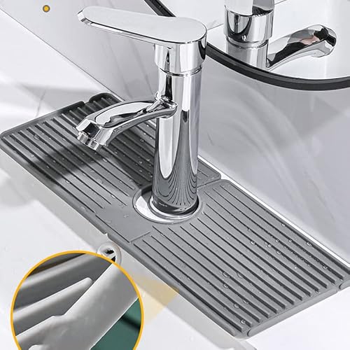 Steeviuzj Silikon Geschirr Trockenmatte mit Ablauf für Küchenarbeitsplatte, Wasserhahn Matte, Küchenspüle Spritzschutz Matte grau, hitzebeständig (max 250°C), selbstentleerend, rutschfest (37x14 cm) von Steeviuzj